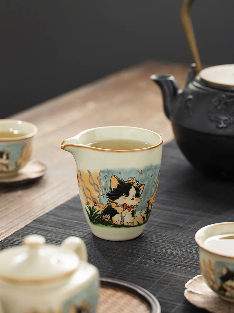 190ml Ru Kiln Ceramic Cute Cat Public Cup Household Tea Dispenser Large Capacity Cha Hai Fair Cup  Kung Fu Tea Set Accessories