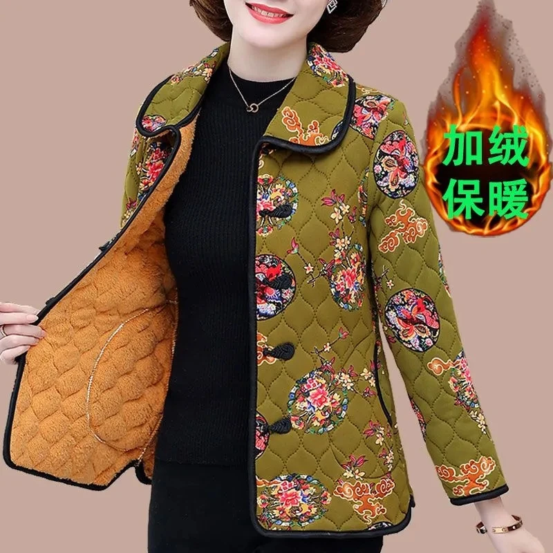 2023 New Autumn Winter With Velvet Cotton-padded Jacket Women 50 And 60 Years Old Mid-Aged Mother Floral Warm Parkas Coat Female