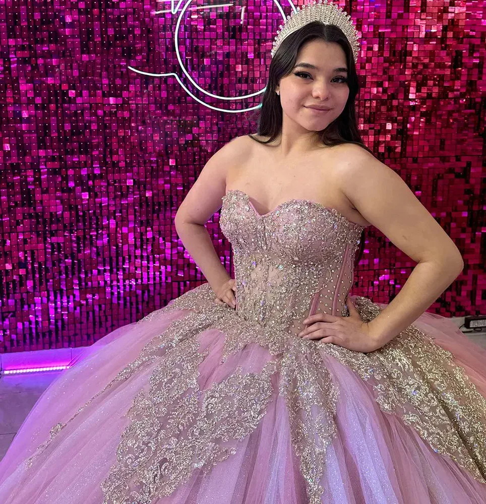 Vestidos de baile de princesa para quinceañera, vestidos rosas con Apliques de encaje, cuentas brillantes, tul Formal, vestidos de fiesta de graduación, dulce 16