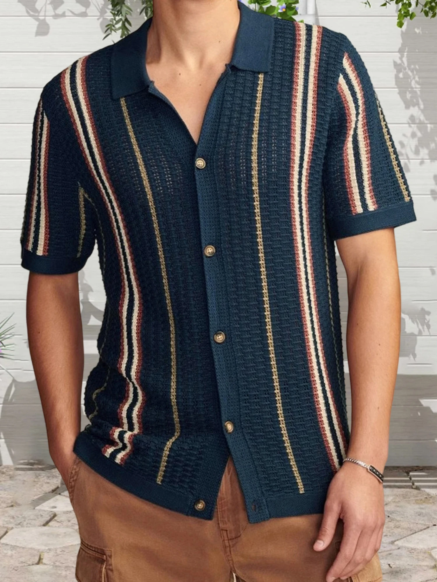 

Men s Striped Shirt with Short Sleeves Turn-down Collar and Button Closure - Casual Summer Top for Daily Wear