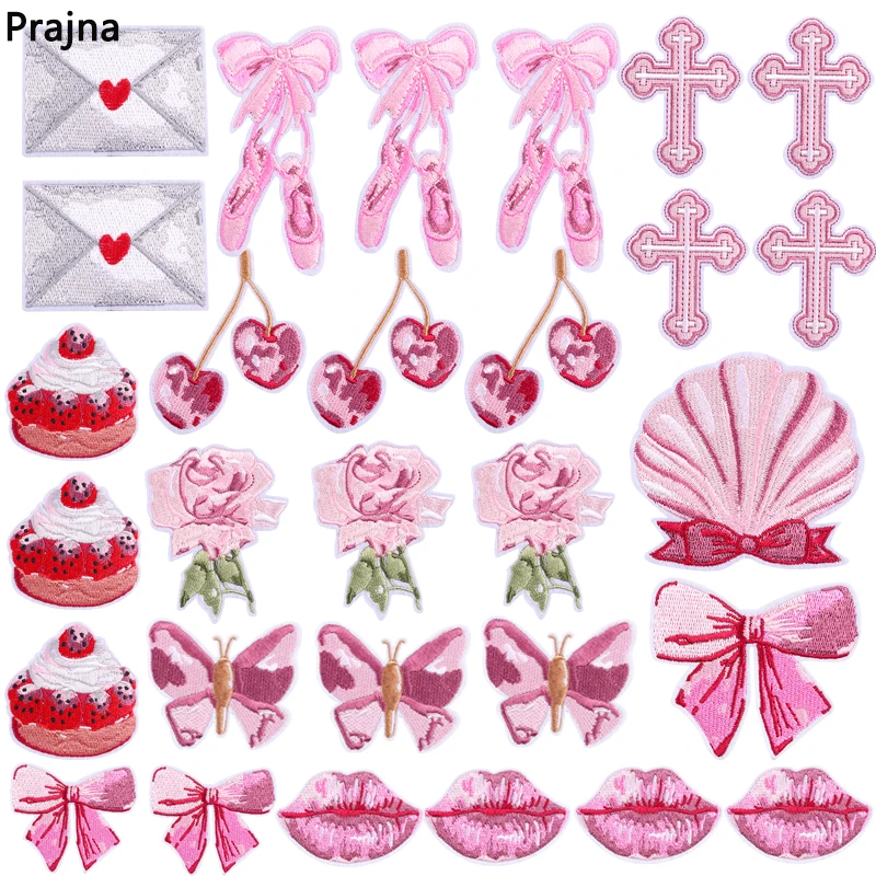 10 PCS Cartoon Pink Embroidered Patches DIY Cherry Cake Flower Butterfly Bow Iron On Patches For Clothing Thermoadhesive Patches