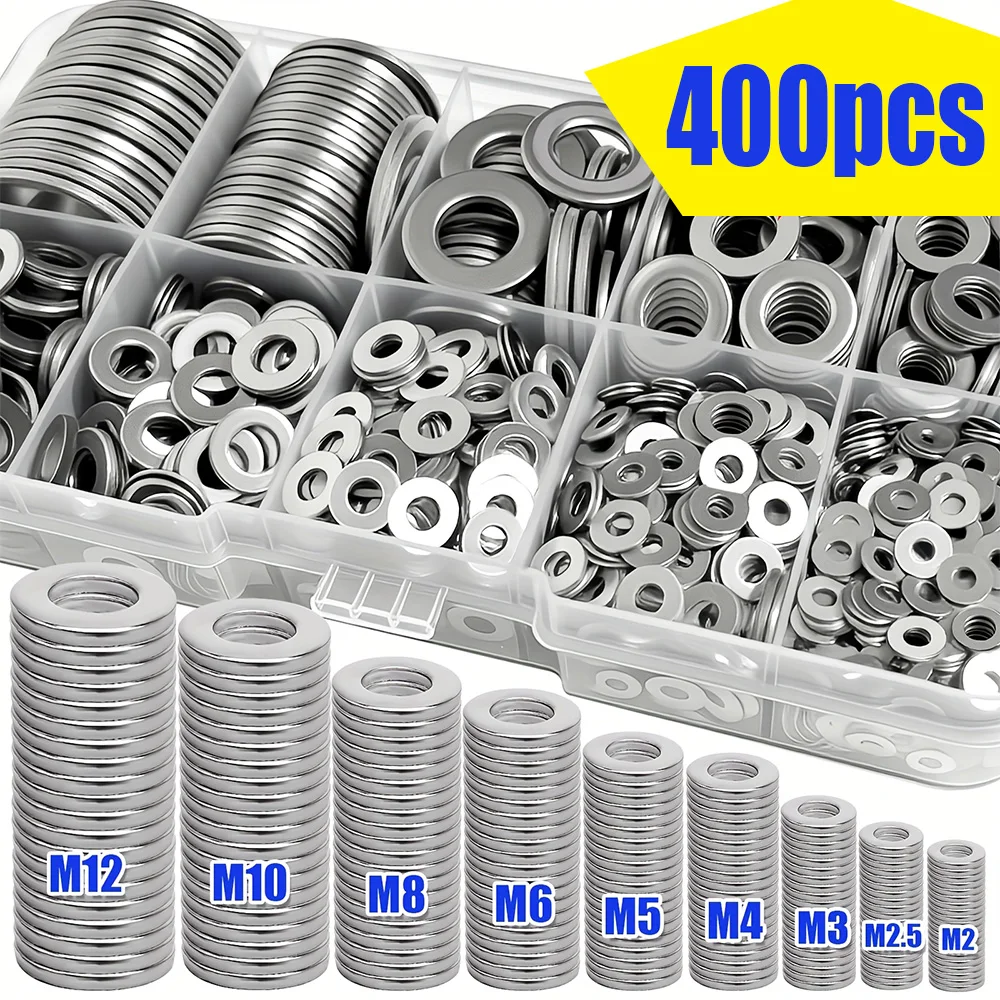 400-piece stainless steel flat washer set (M2 - M12) for home, industrial repair, and outdoor construction maintenance.