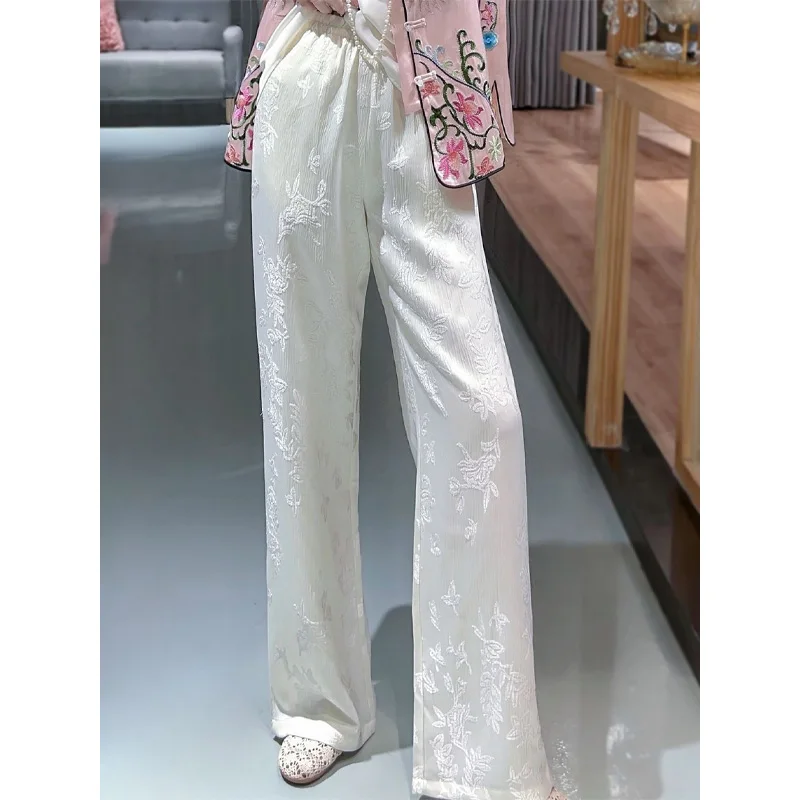 2023 New Spring and Autumn Luxury Retro High Waist Embroidery Slim and Simple Versatile Loose Casual Women\'s Wide Leg Pants