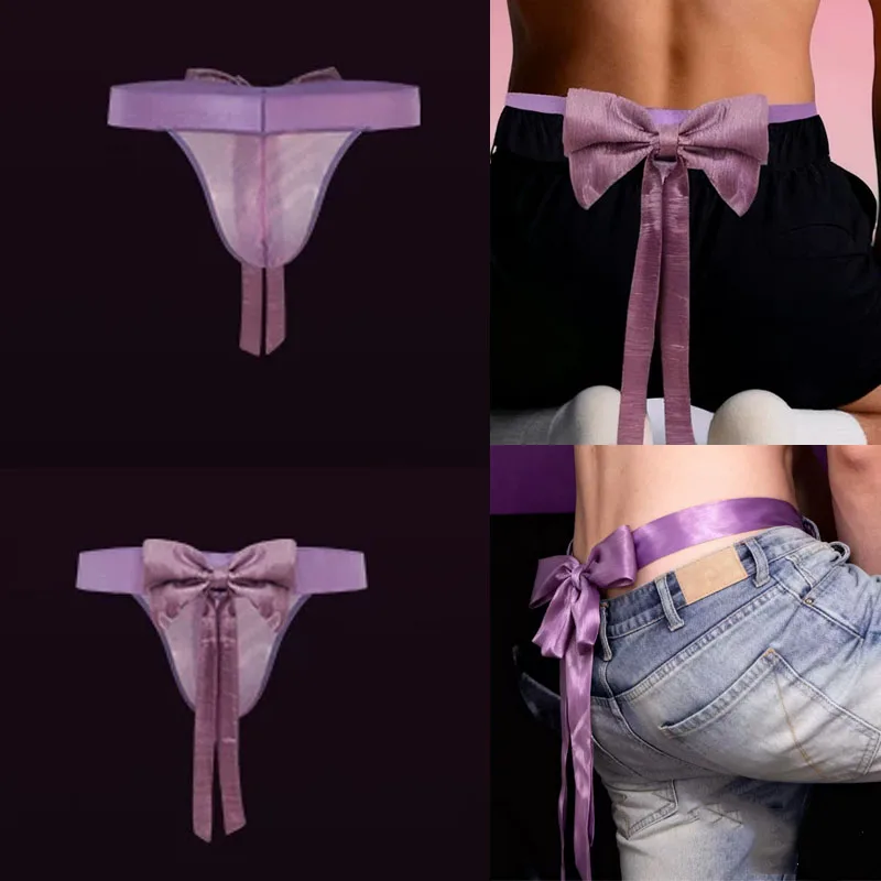 Men Thermochromic Sheer Thong Underwear Purple Big Bow Sexy T-back Breathable See-through Briefs LGBT Tanga G-string Panties