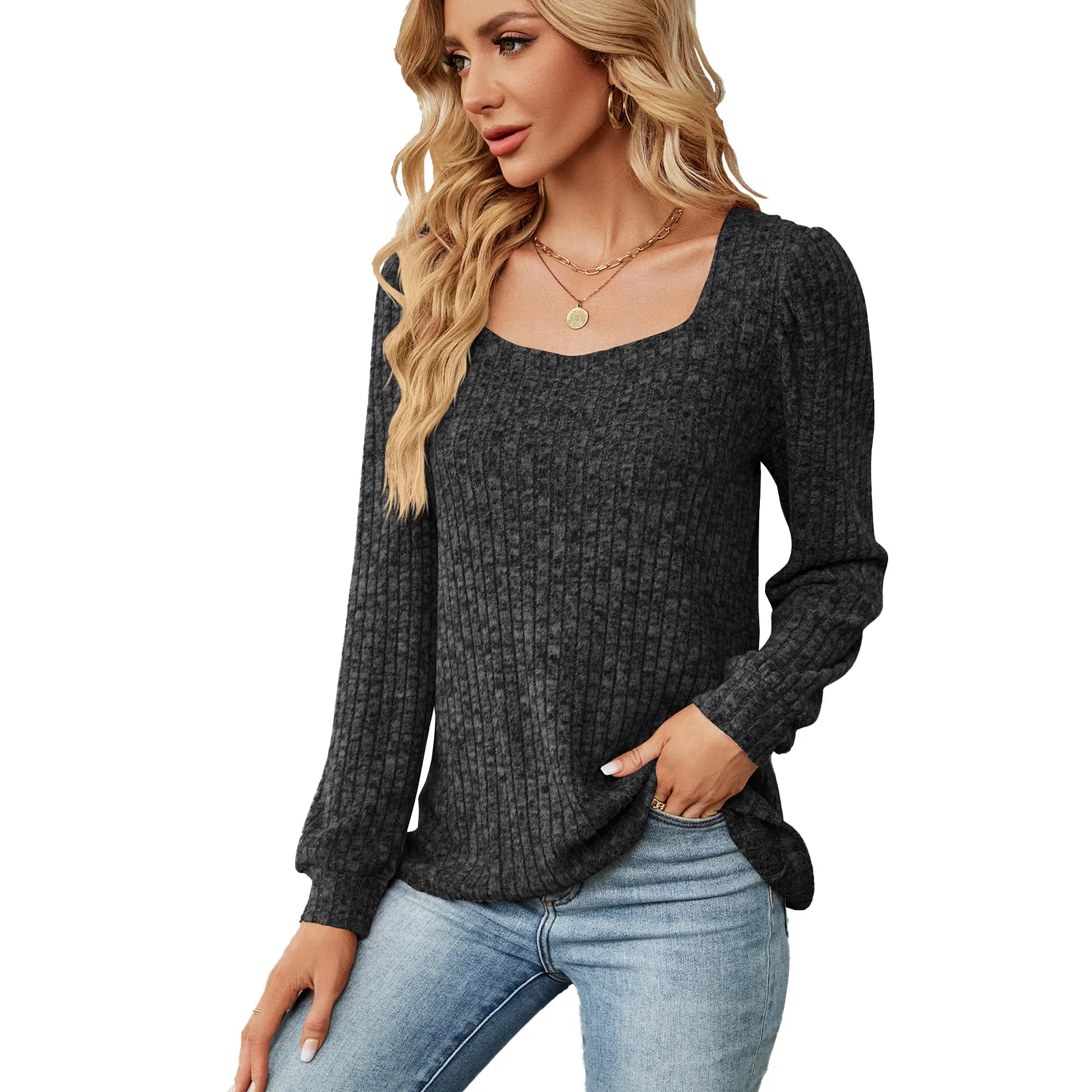 2023 Autumn/Winter New Women\'s Solid U-Neck Fashion Casual Pit Square Neck Elegant Loose Versatile Long Sleeve T-shirt Top