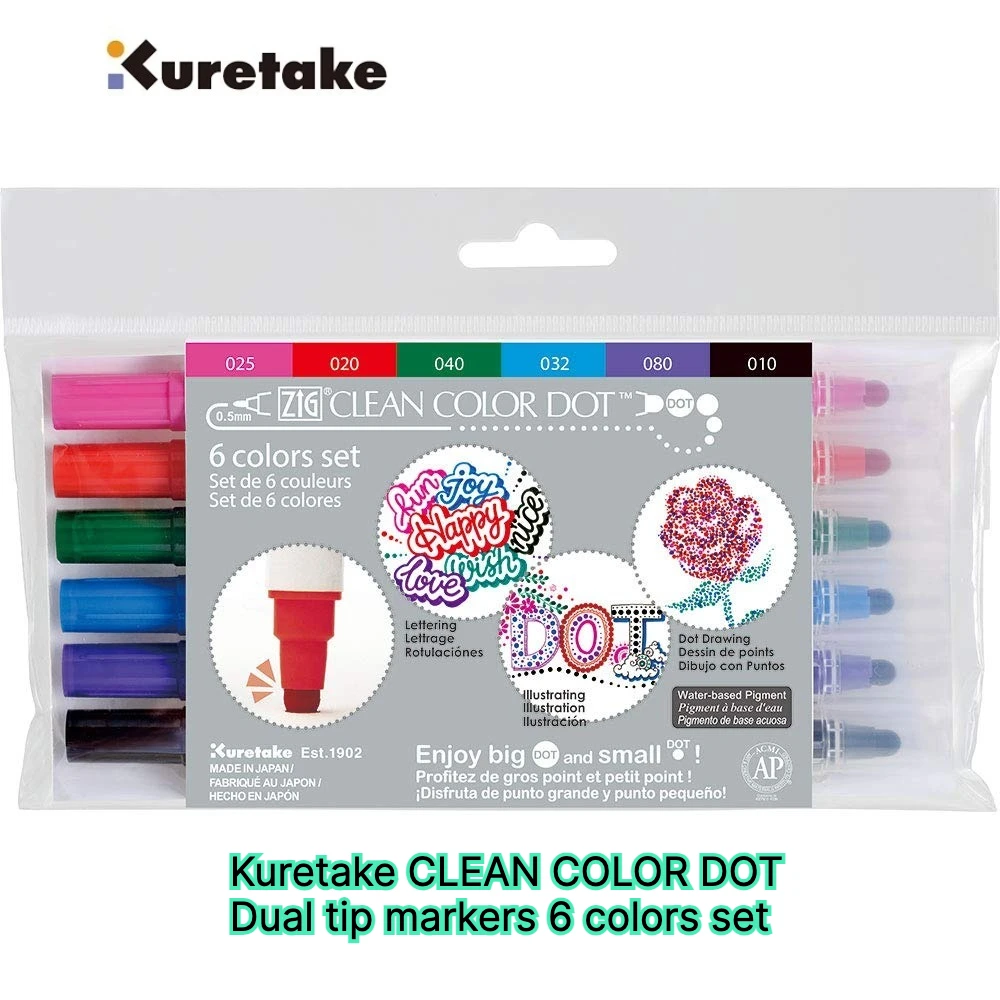 Japan Kuretake CLEAN COLOR DOT Dual tip markers 6/12 colors set, 0.5mm fine tip and a flexible dot tip, for Journals, Crafts