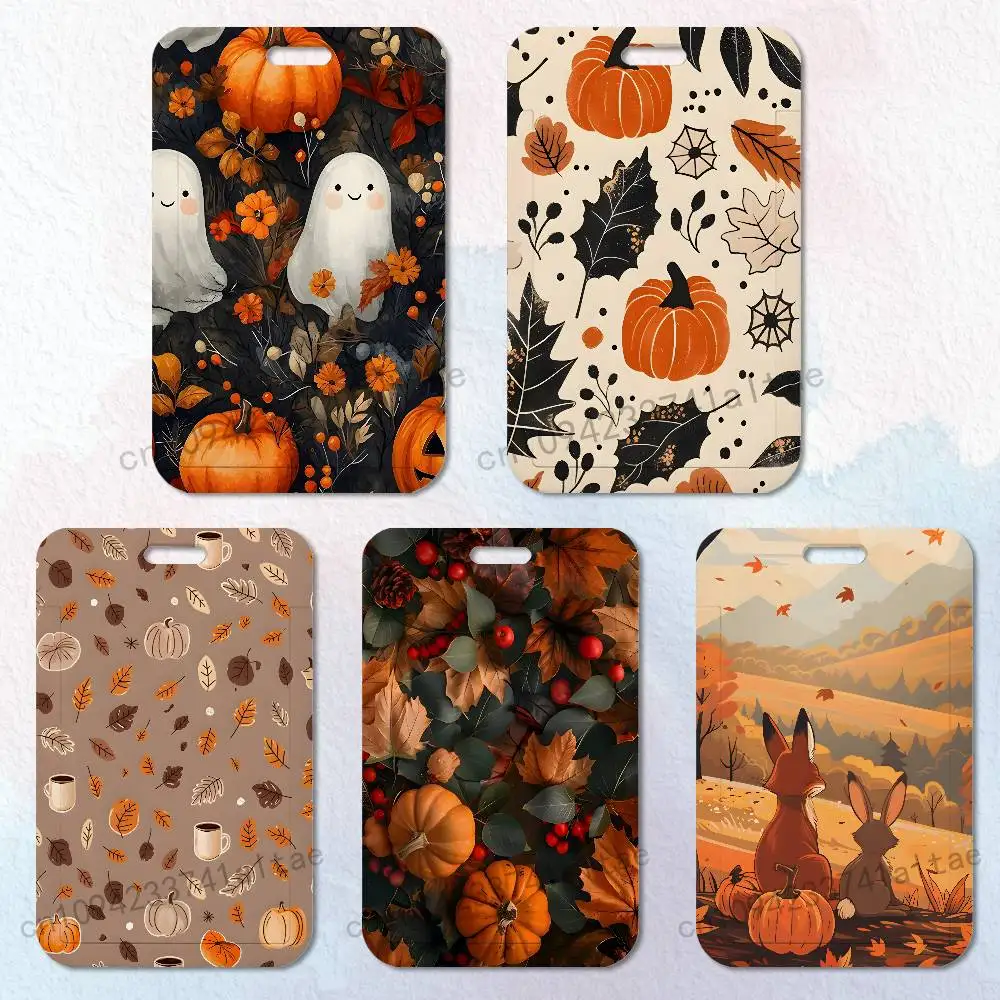 

Autumn leaves pumpkin Card Holder Durable With Carabiner Name Tag Vertical ID Badge Holders Credentials Protection