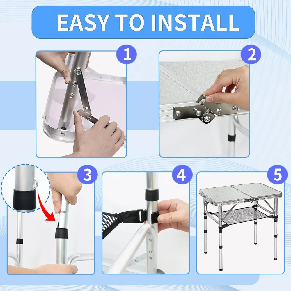 Tavolo da campeggio pieghevole portatile in alluminio con altezze regolabili e portaoggetti in rete, tavolo da picnic leggero 24 x 16