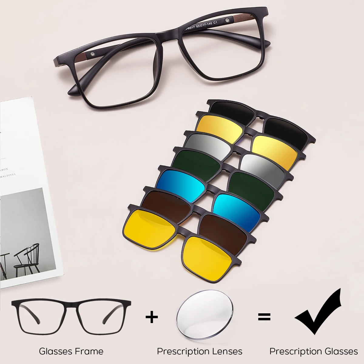 

7 в 1, мужские и женские квадратные легкие оптические клипсы TR90, очки для вождения, компьютерные очки по рецепту с поляризационным магнитным зажимом