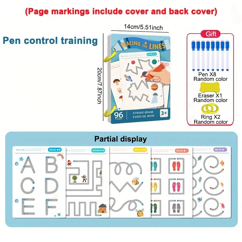 96Pages Magic Tracking Workbook,8 Pens Educational Drawing,ConcentratioMotor Skills Development,for Christmas,Birthday Gifts