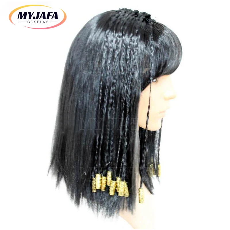 Cleopatra Cosplay Wig Ancient Egypt Queen Cosplay Vintage Braided Black Hair Gold Balls Decoration Halloween Party Wigs  +WigCap