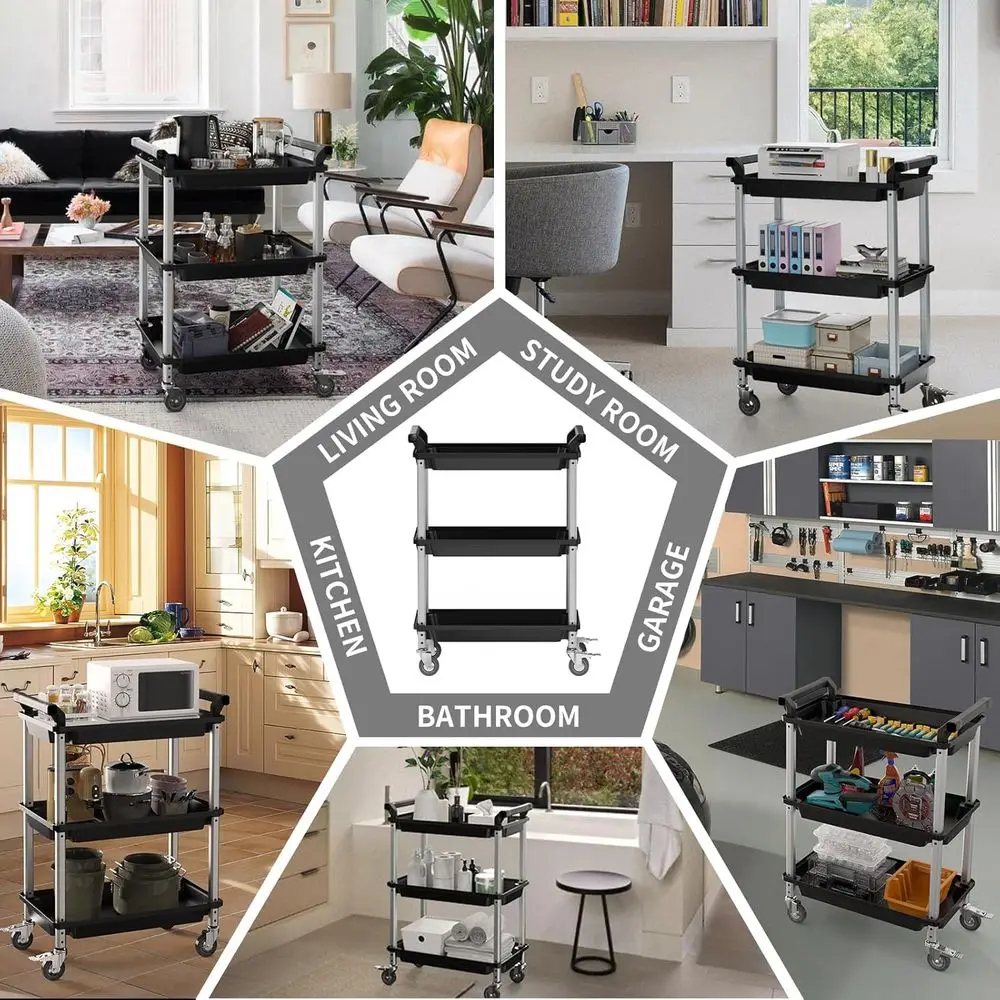 Carrello multiuso in plastica a 3 livelli con ruote bloccabili, organizer multiuso per casa, ufficio e cucina (nero)