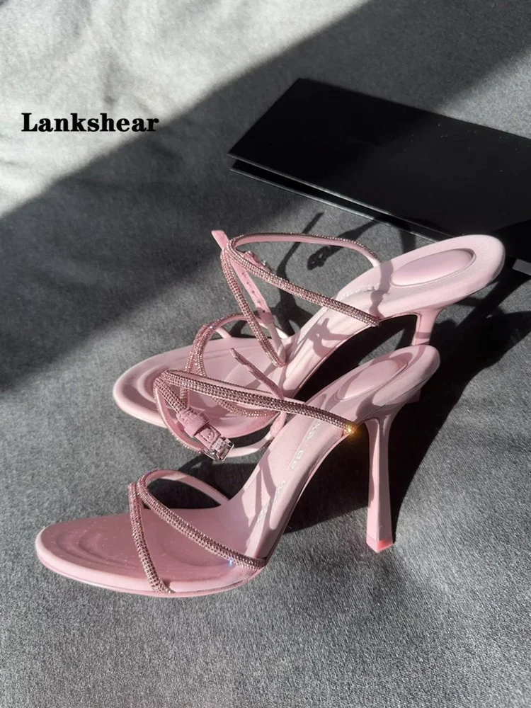 

Nude Pink Rhinestone High-Heeled Sandals Women Shoes Open-Toed Sexy One-Word Strap Sandals Women's Summer Stiletto Shoes