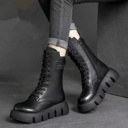 Women's Boots Fashion Platform Short Boots Waterproof Leather Boot Plush Warm Snow Boots for Women 2024 Winter Boot Botas Mujer