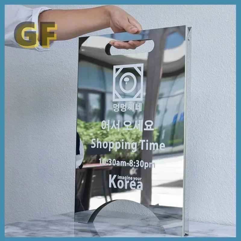 Korean Style Mirror Sign Board Coffee Shop Welcome Signage Folding Floor Standing Door Advertising Plate Display Signboard