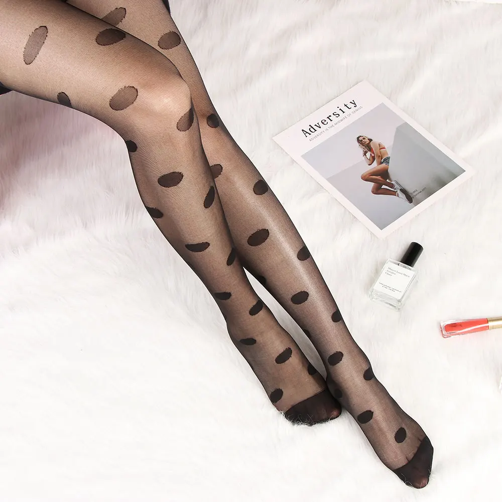 Sexy Damen Strümpfe mit Punktmuster-Stickerei, Dünne Vintage Faux-Tattoo Transparente Strumpfhose, Elastische Damenstrümpfe, Mädchen-Strumpfhosen – Detail 3