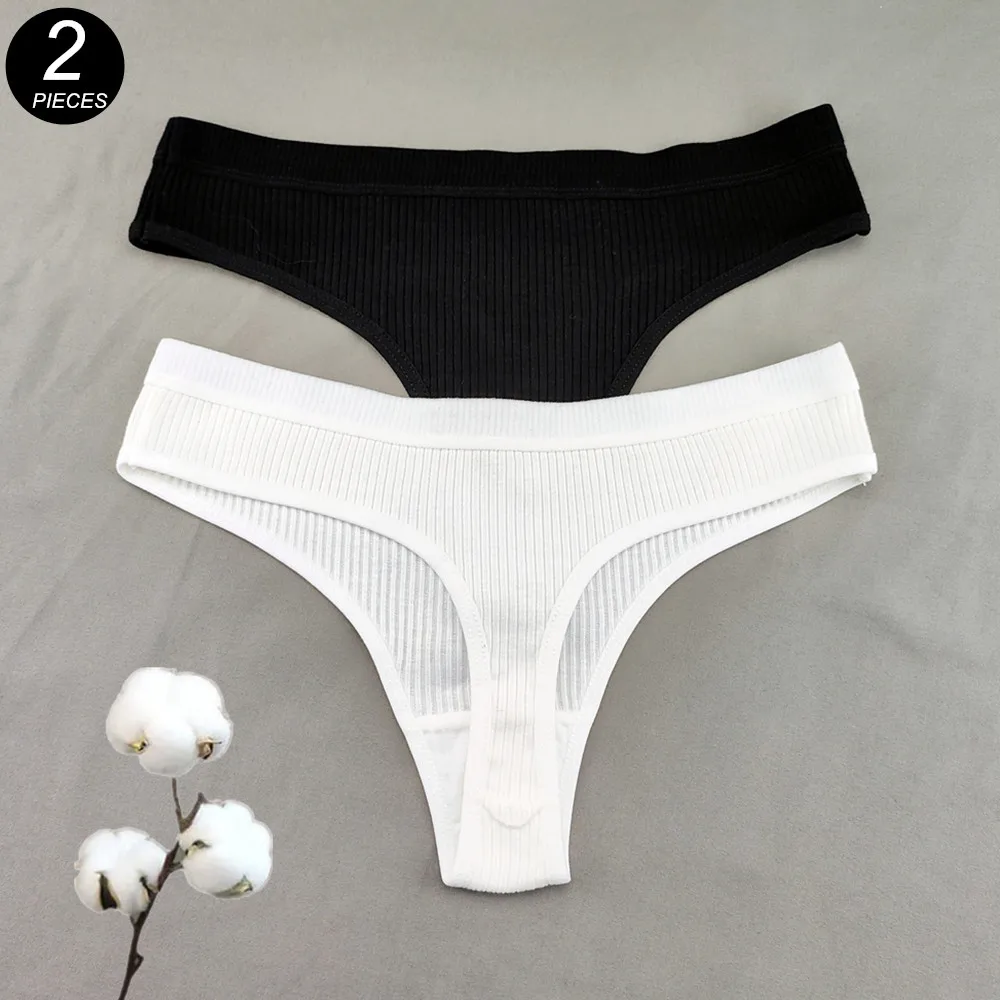 2PCS/Set Classic Black White G-string Panties Women's Cotton Thong Underwear Sexy Panty Female Underpants Solid Color