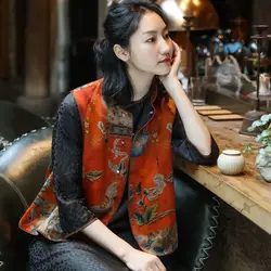 Chinese traditional Flower and bird printing vest women oriental style top stand collar plate button vest sleeveless tang suit