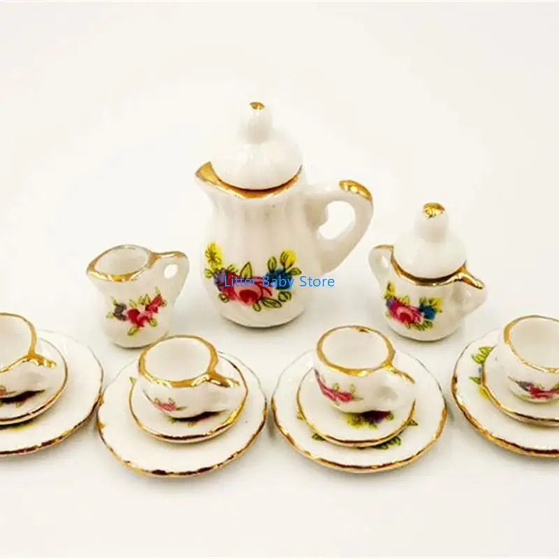N80C Simulation Mini l'après-midi tasse à thé ensemble 15pcs Modèle Modèle Dollhouse Ornement Kitchen Tea Ware Toy Pretend for G