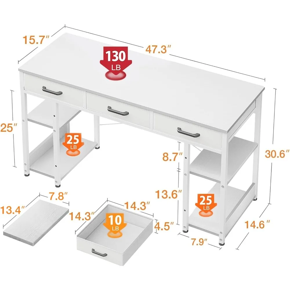 Escritorio pequeño para computadora de oficina: mesa para el hogar con cajones de tela y estantes de almacenamiento, escritorio moderno, blanco, 48x16
