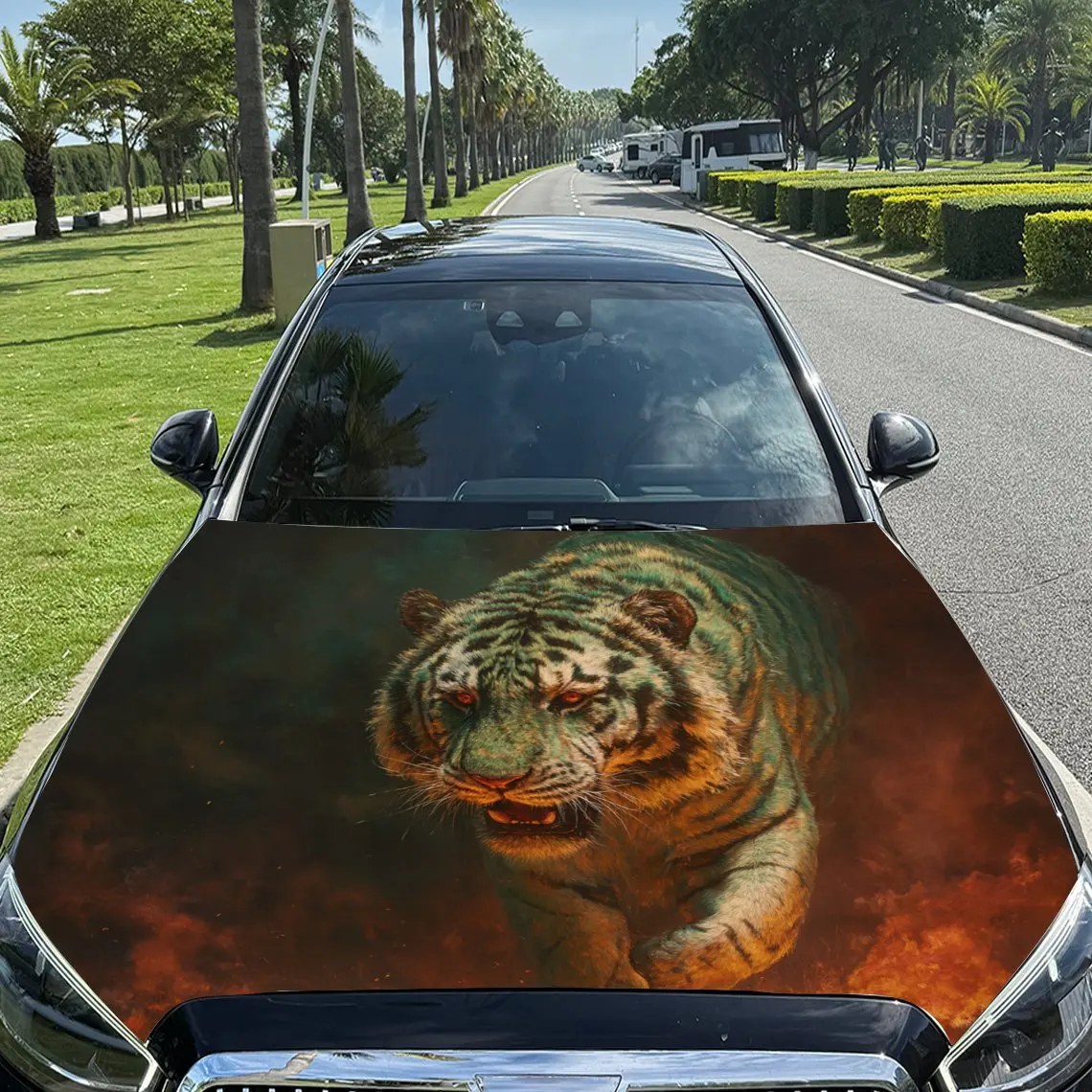 Car Decals Tiger with a Breathtaking, Fiery - Themed and Dynamic - Styled Background Car Hood Sticker, Waterproof Self - Adhesiv