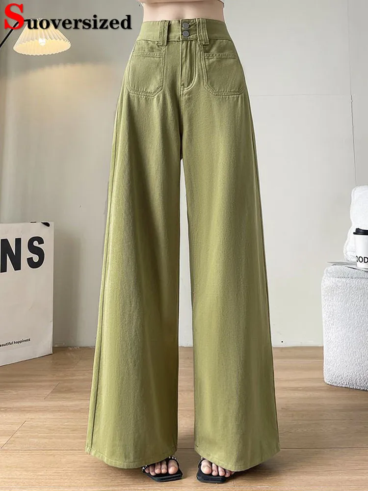 2024 New Green Baggy Wide Leg Jeans Women Vintage High Waist Straight Denim Pants Korean Casual Streetwear Thin Loose Vaqueros