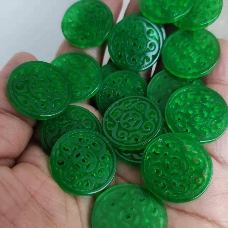 

3pc Natural A Green Jade Double Sided Carving Money Beads DIY Bracelet Pendant Charm Jewellery Accessories Amulet Women Men