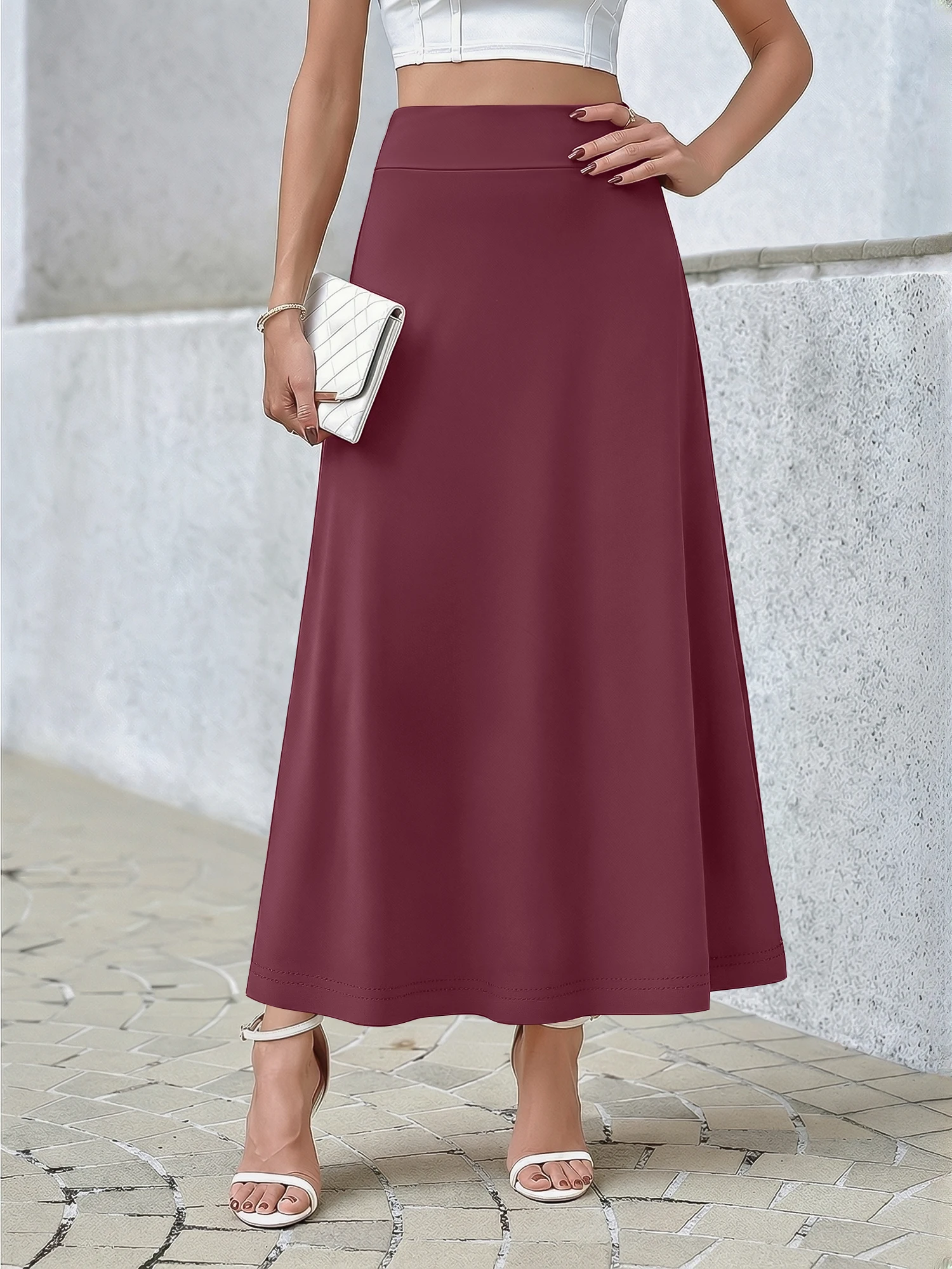 Ladies High Stretch Knit Swing Maxi Skirt Simple Solid A‑Line Long Skirt Wide Waistband Casual Daily Skirt