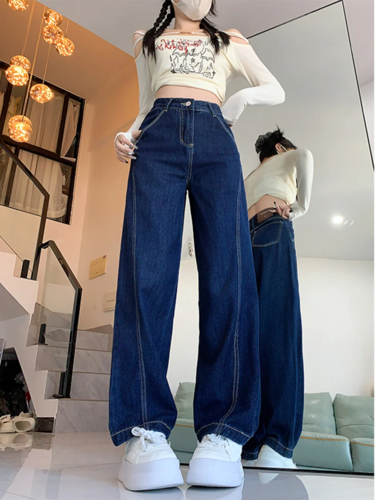 

plus Size American Retro Straight Leg Jeans Women's Loose High Waist Slimming Wide Leg Knife Pants Casual Sle Denim