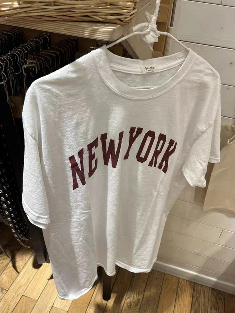 New York Letter Print Loose Tees Summer O-Neck Cotton Short Sleeve T-shirt Female American Vintage Streetwear Oversized t-shirt