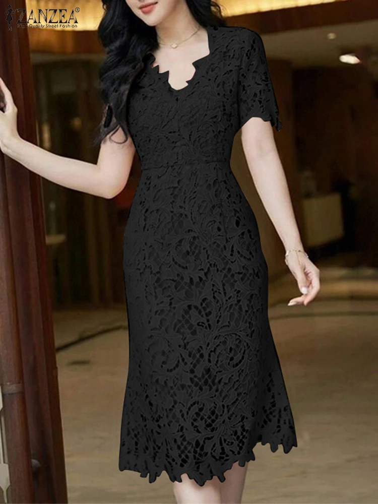

ZANZEA Women Midi Dress Elegant Office Lace Sundress 2025 Casual Patchwork A-Line Robe Solid Color Summer V Neck Party Vestidos