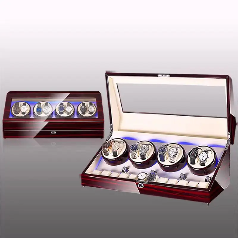 8+9 Automatic Watch Winder Box Wood Watch Winding Winder Storage Watch Collection Display Case Import Motor LED Light Caja Para