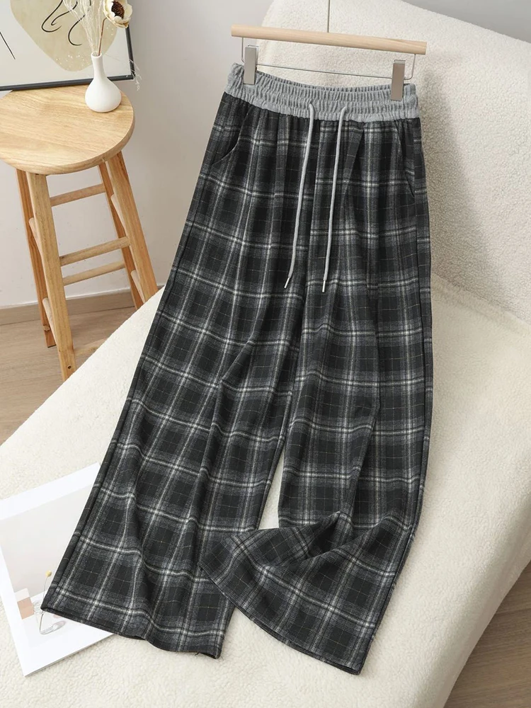 Pantalones de pierna ancha a cuadros Vintage para mujer, ropa de calle Y2K de otoño, Pantalones rectos de retales, pantalones deportivos con cordón de cintura alta Harajuku