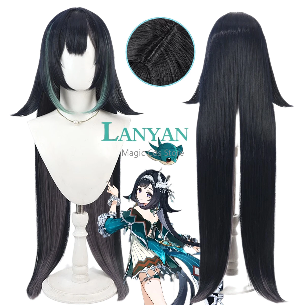 Lan Yan Parrucca Cosplay 1M Gioco LanYan Cosplay Sintetico Nero Capelli Lunghi Parrucca Del Partito di Halloween + Protezione Della Parrucca per Parrucche Cosplay Lan Yan