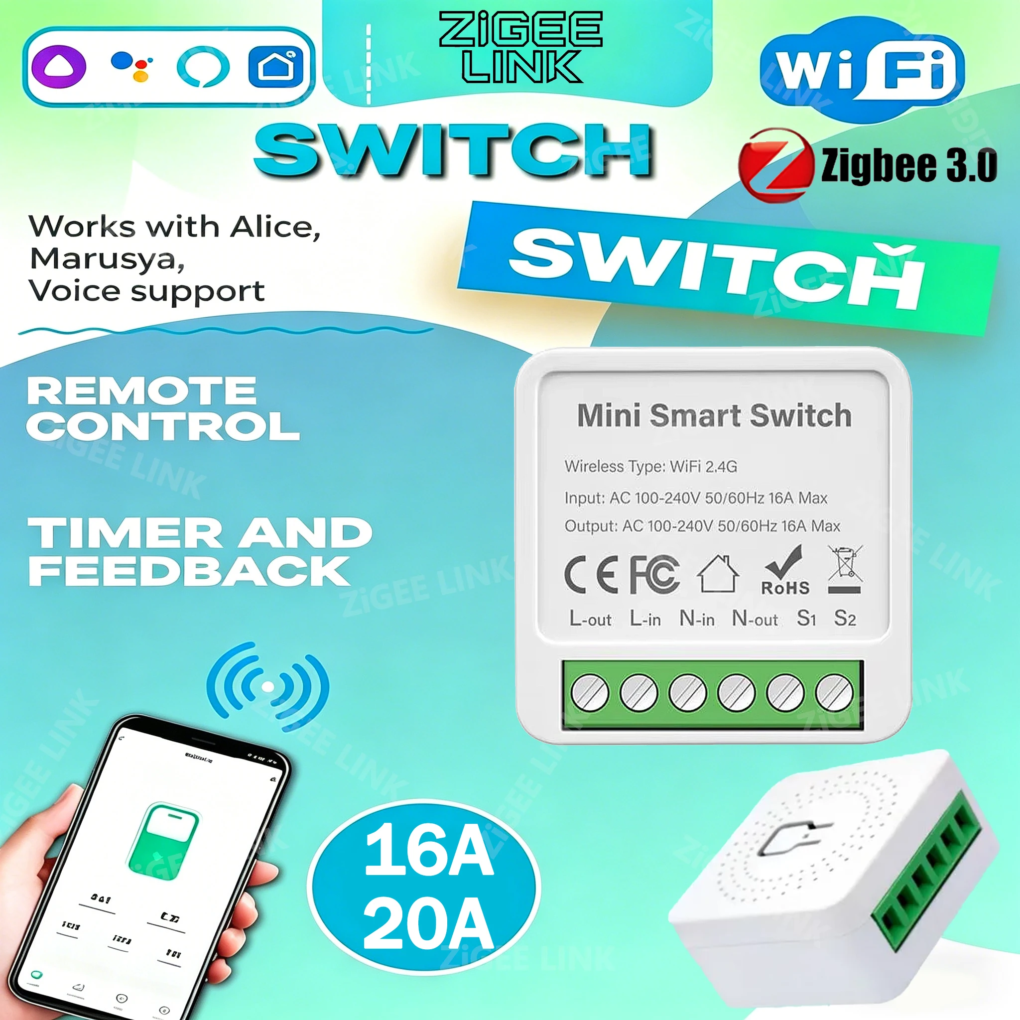 Mini Wifi & Zigbee3.0 Smart Switch Smart Home Light Switches Module 2 Way Control Work with Tuya Smart Life Alexa Google Home