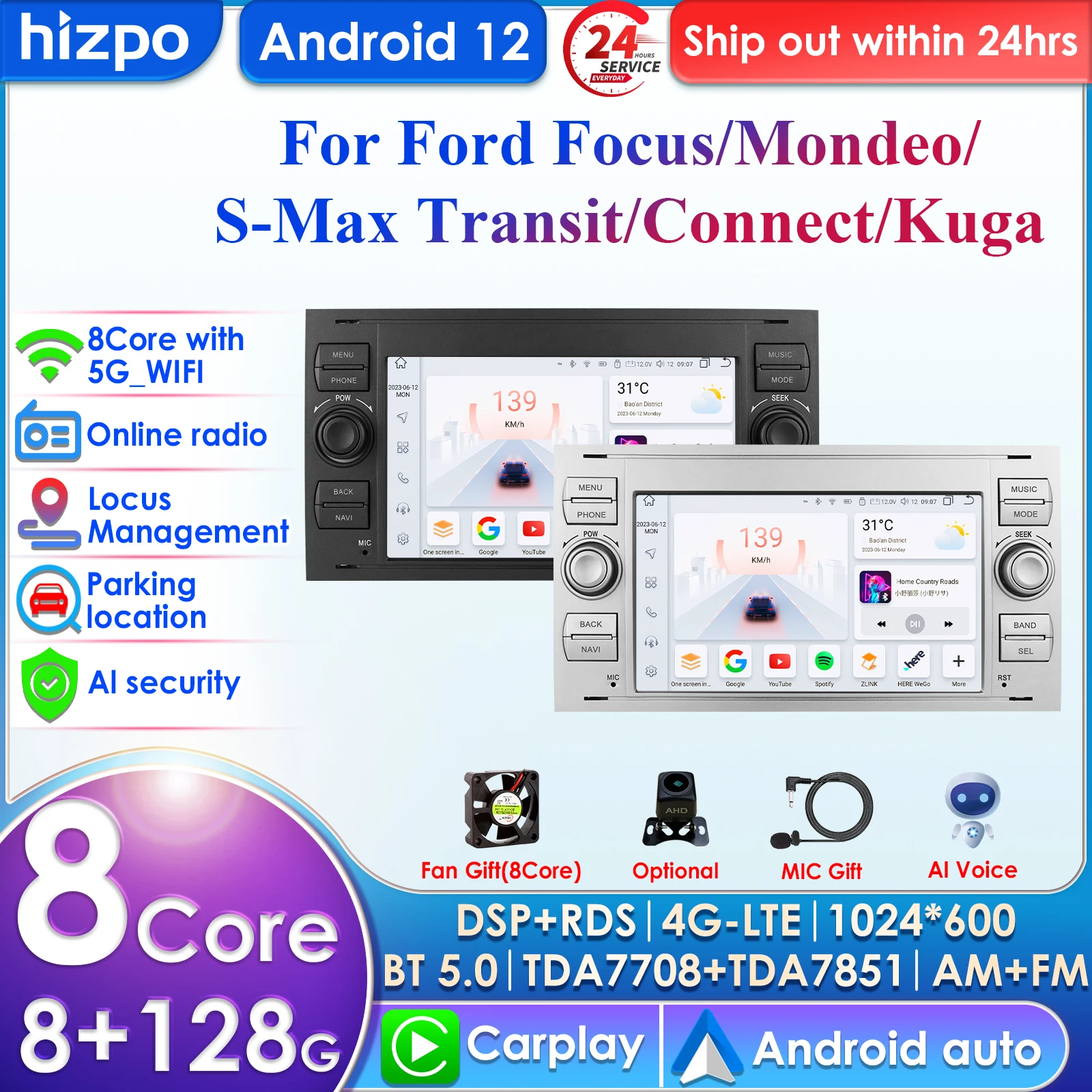 

Carplay 4G 2din Android Car Radio for Ford Focus 2007 Mondeo S-max C MAX Kuga Galaxy Fiesta Transit Fusion Connect Multimedia BT