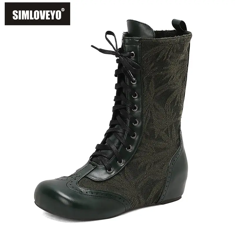 

SIMLOVEYO 2025 Классическая женская обувь до середины икры с круглым носком на танкетке 5 см с завязками, смешанные оттенки, большой размер 47 48 49 50 Модные ботинки для свиданий