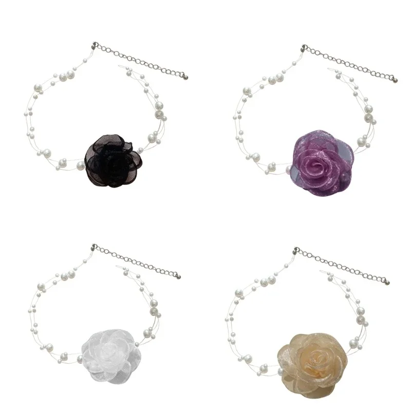 Gargantilha de renda pérola com flor rosa, clavícula, colar vintage, gargantilha de camélia, gótica