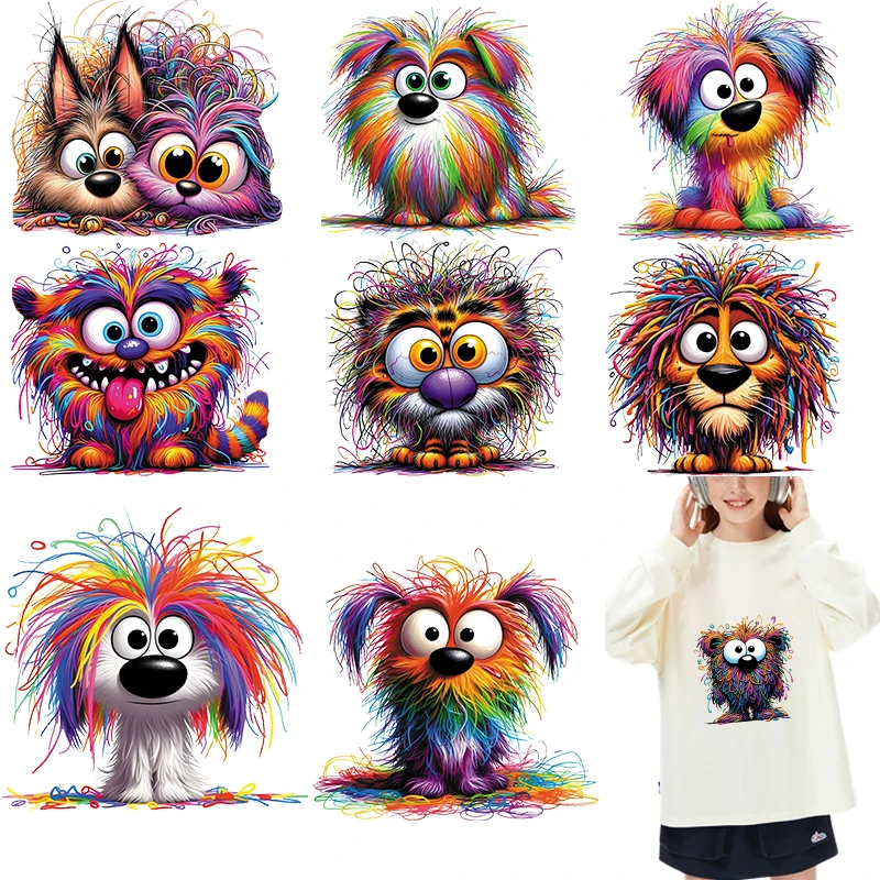 Un perro con líneas coloridas Parches para planchar para ropa Transferencias DTF Listo para presionar Parches Camisas Pegatinas de transferencia de calor