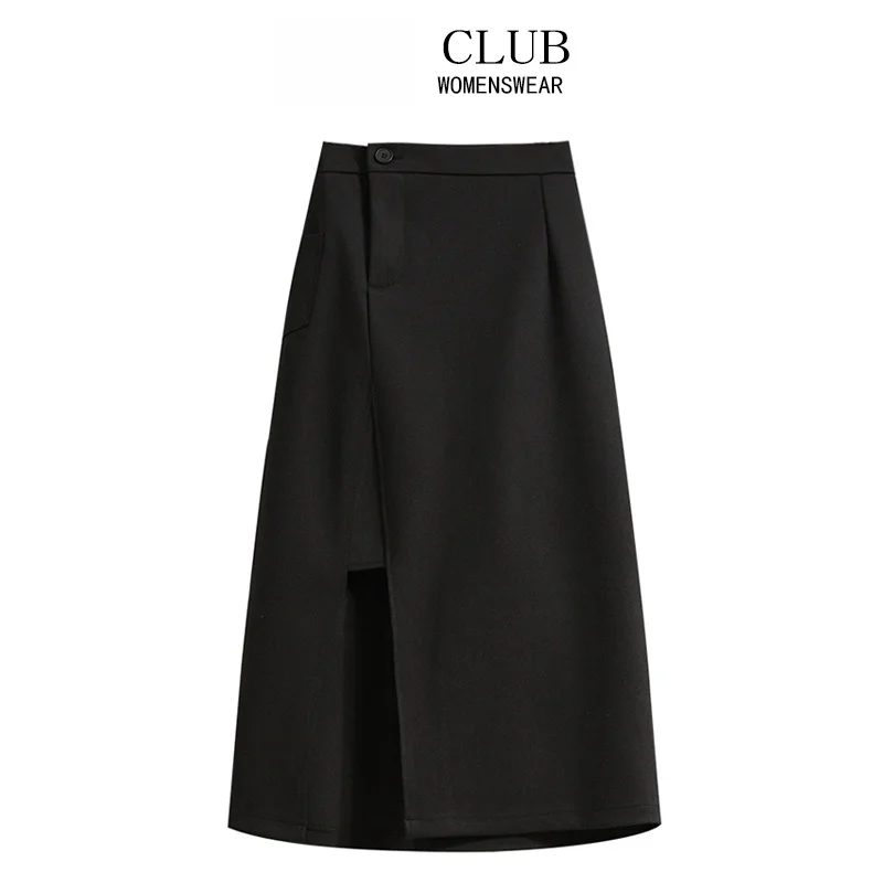 

Сводная юбка трапециевидной формы с высокой талией для женщин, сплит-дизайн, эффект похудения, корейская смесь хлопка для поездок на работу