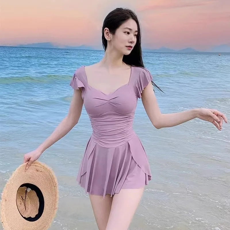 ชุดว่ายน้ําผู้หญิง One Piece เซ็กซี่ SLIM FIT Conservative Slimming Dress Hot Spring ชุดว่ายน้ําวันหยุดแฟชั่นชุดว่ายน้ํา