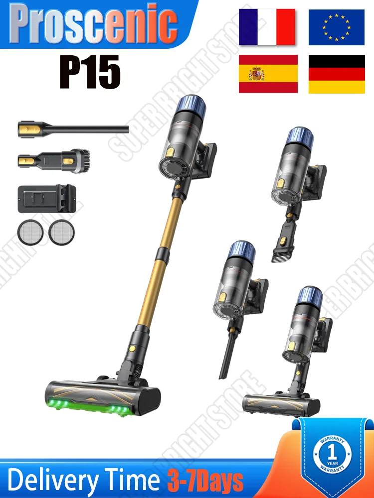 Proscenic P15 Kabelloser Staubsauger, 70 Min. Laufzeit, 50kPa 580W Starke Saugkraft, Anti-Verwicklungs-Bürste, Grünes Licht, 6-Schicht-System