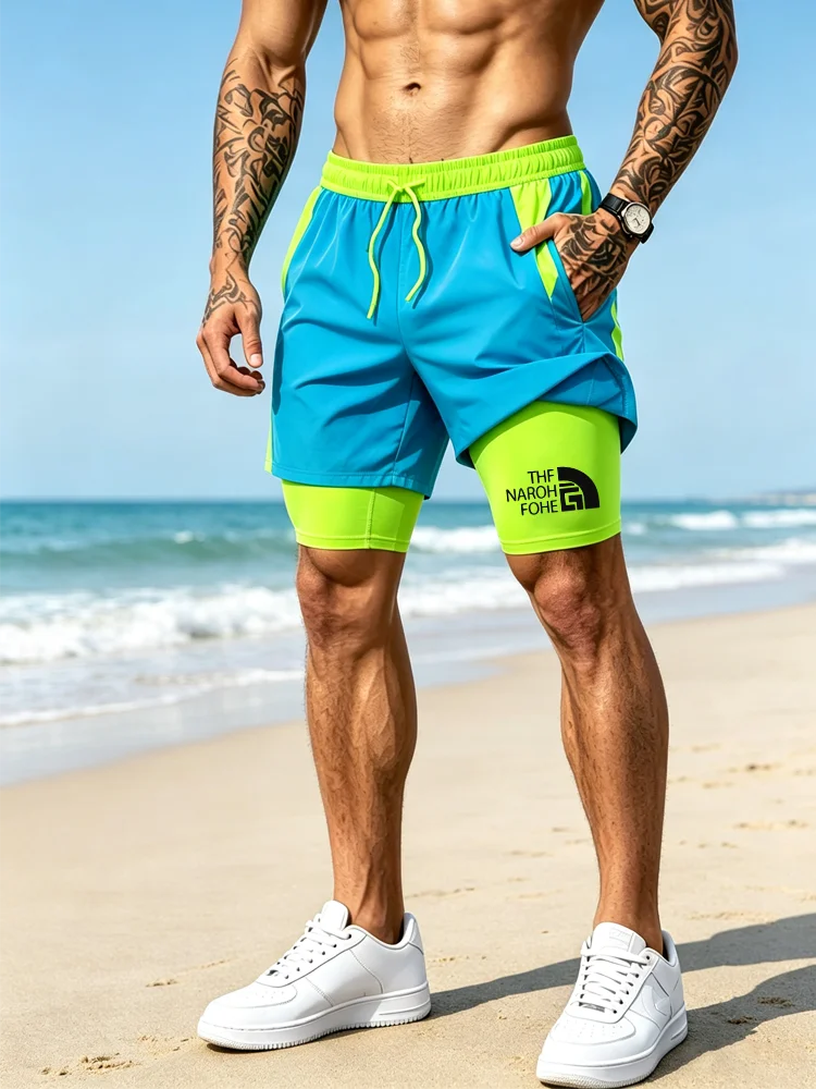Men Double Layer Swim Trunks Quick Dry Compression Liner Board Shorts Summer Surfing Beach Shorts Drawstring Sport Bathing Suit