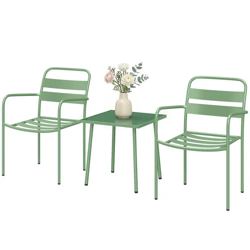 Ensemble bistrot de jardin 3 pièces - table basse en verre trempé et 2 chaises à lattes, structure en acier galvanisé, vert