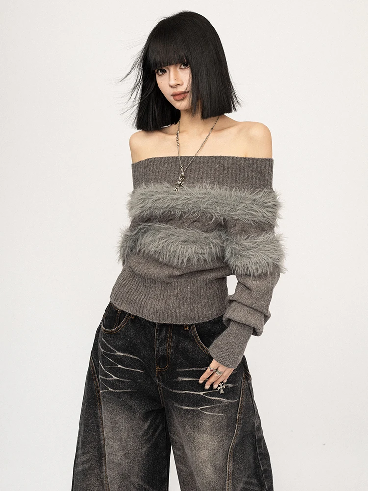 

OCTTFLAB ey Knitted Sweater Women's Slim Fit oulder Bared One-oulder Design Casual Sle Fiber Blend Base irt