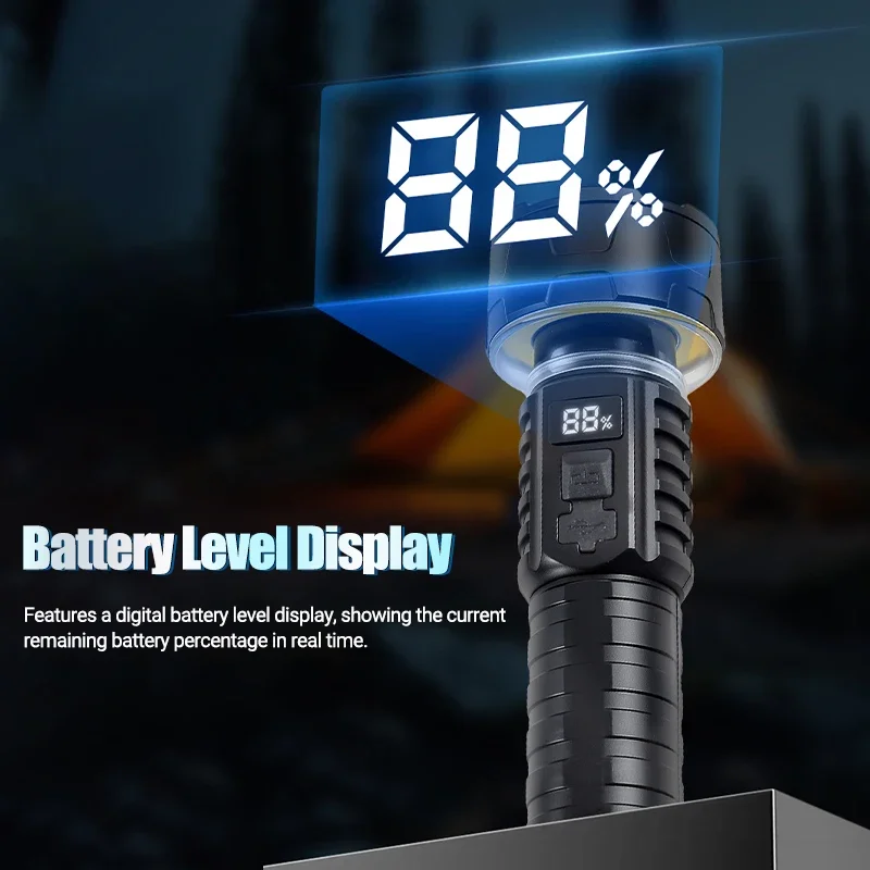 Portable LED Flashlight With Power Display Ambient Light Outdoor Camping Rechargeable Light Emergency Waterproof Work Lantern