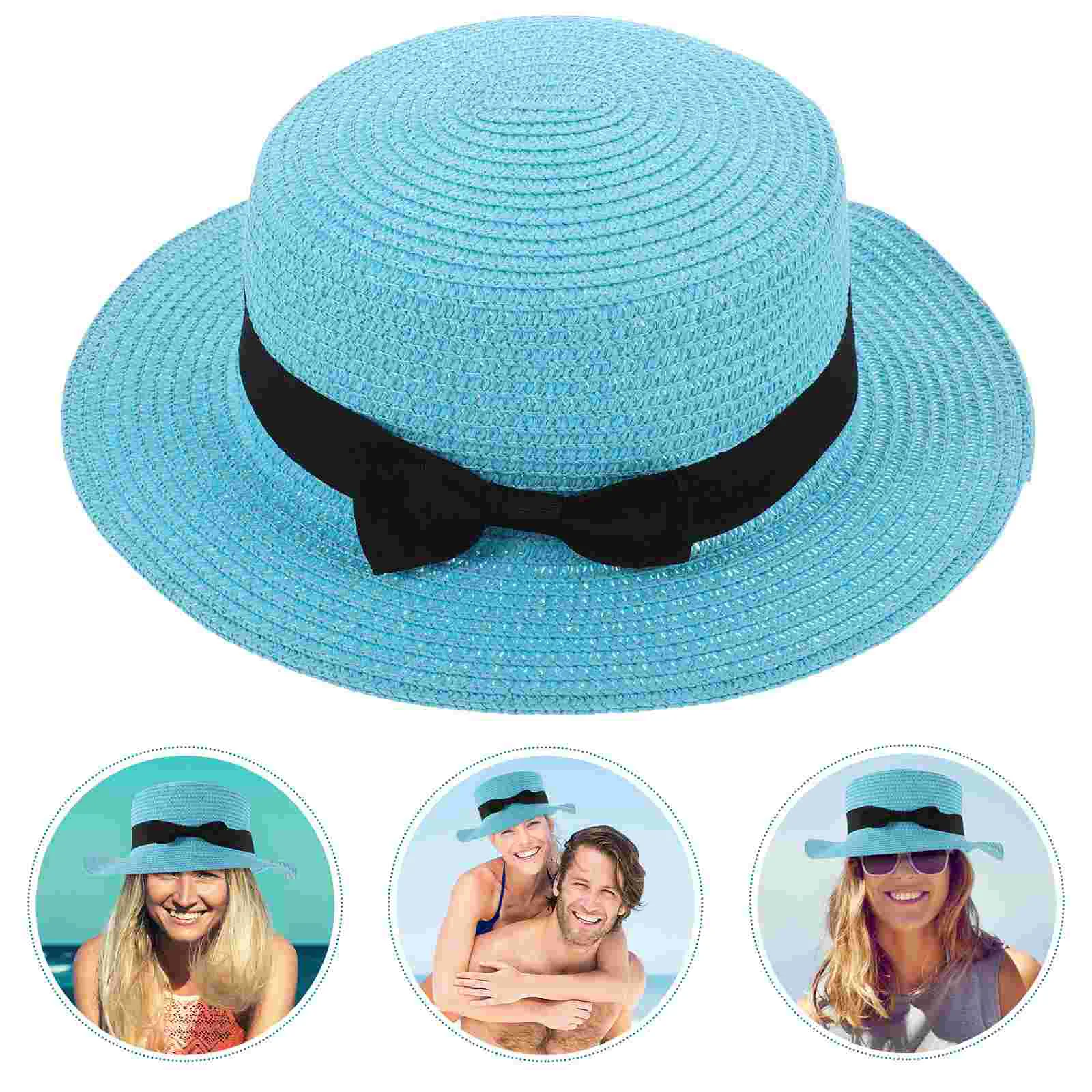 

Fashion Women's Girls Bowknot Roll-up Wide Brim Dome Straw Summer Sun Hat Bowler Beach (Sky-blue)