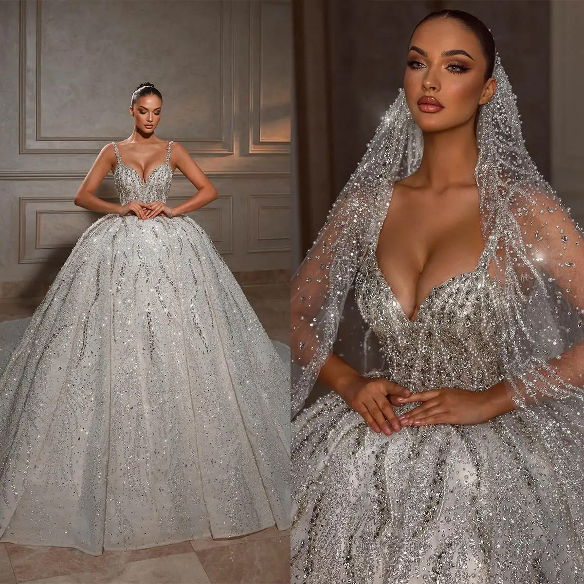 Vestido de fiesta brillante, vestidos de novia con escote en forma de corazón, vestido de novia sin tirantes con lentejuelas y perlas, vestido personalizado con cola de corte