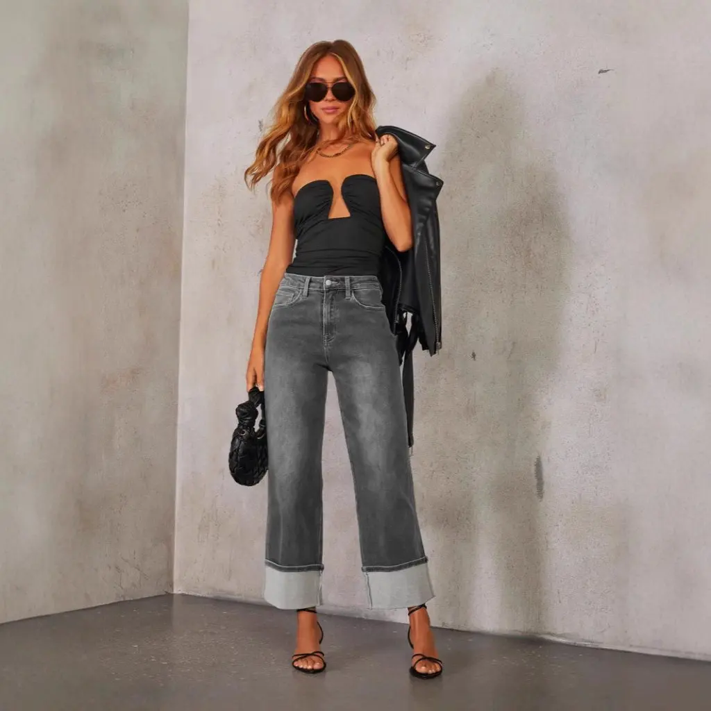 Calça jeans feminina de cintura alta retrô enrolada reta primavera calças de alta qualidade elástica de