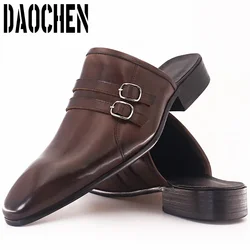 Luxury Brand Men's Mules Half Shoes Black Brown Double Strap Buckle Causal Mens Dress Shoes Breathable Leather Shoes Men